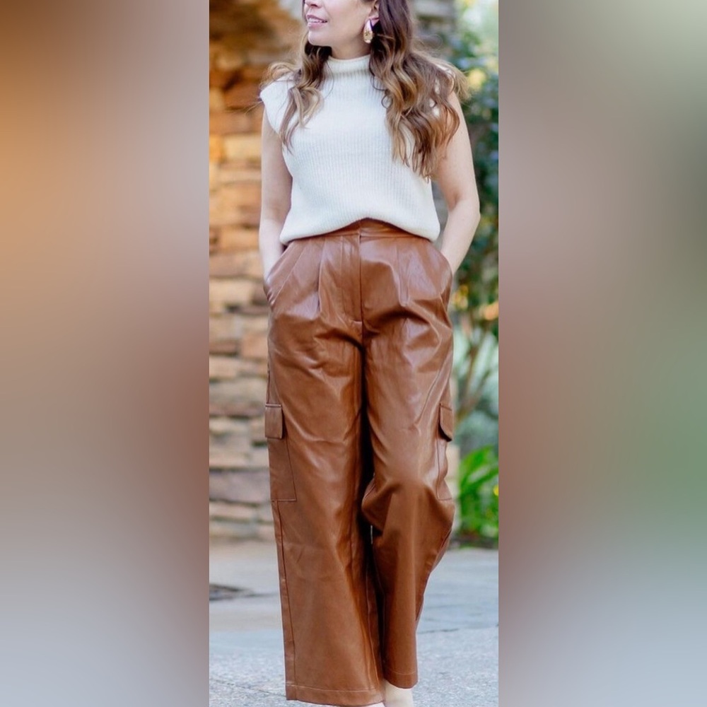 Anthropologie x TwentySixHundred faux leather cargo pants camel color size 10 - Picture 2 of 10